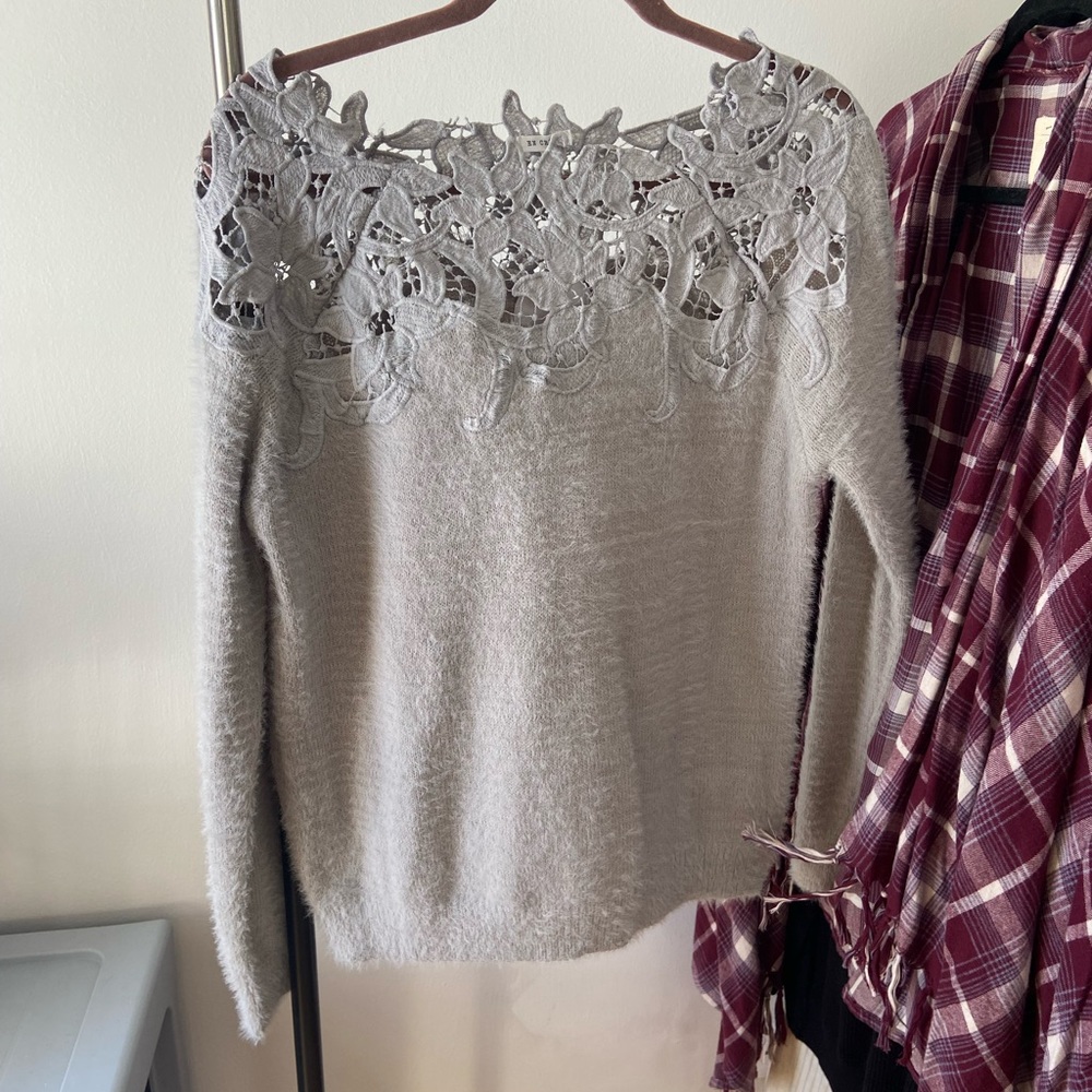 Gray eyelash sweater with lace detail
